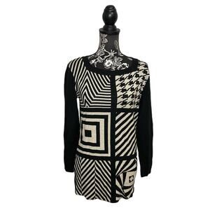 Vintage Mondi Square Neck Knit Sweater Black White Geometric Pattern Sze 34